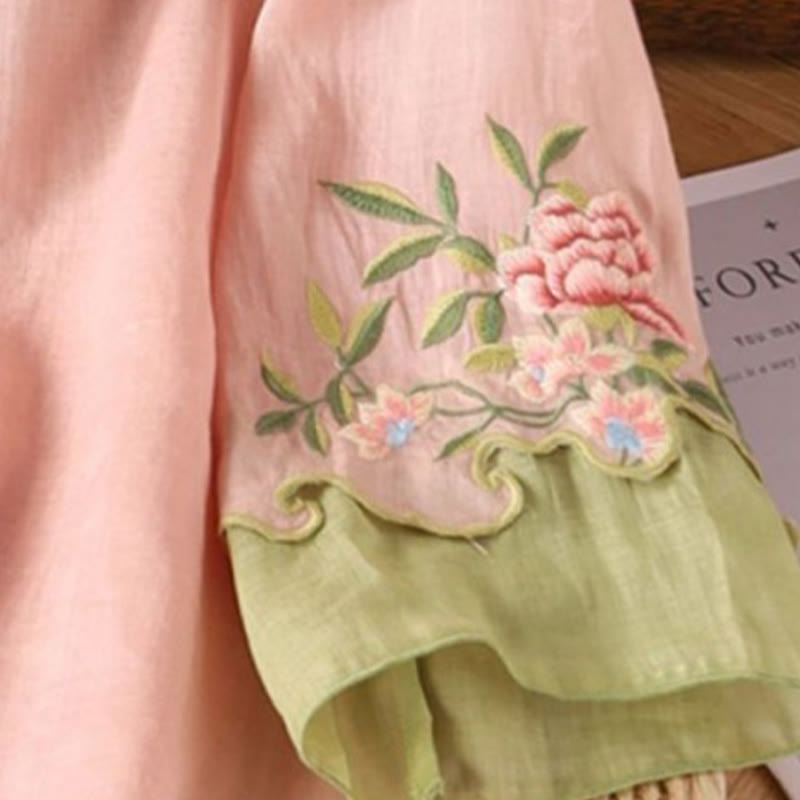 Buddha Stones Casual Embroidered Flowers Leaves Frog Button Three Quarter Sleeve Cotton Women's Shirt - image 5