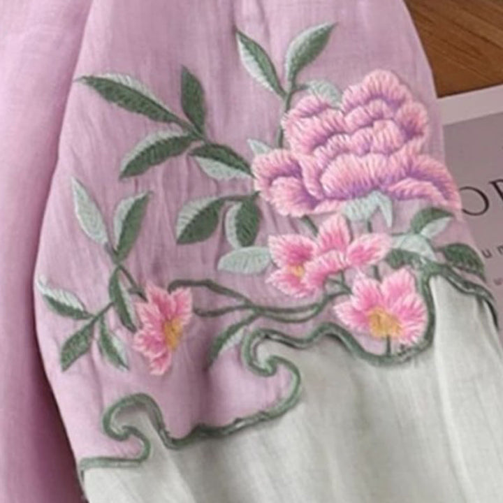 Buddha Stones Casual Embroidered Flowers Leaves Frog Button Three Quarter Sleeve Cotton Women's Shirt - image 8