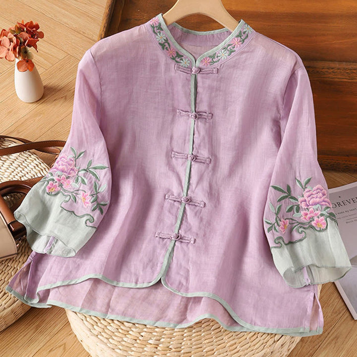 Buddha Stones Casual Embroidered Flowers Leaves Frog Button Three Quarter Sleeve Cotton Women's Shirt - Plum - US14，UK/AU18，EU46 (4XL) - image 7