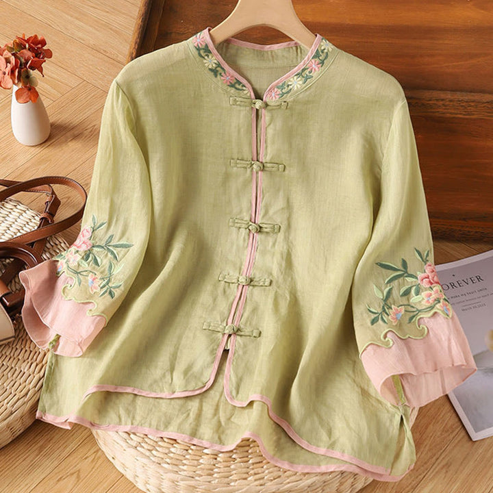 Buddha Stones Casual Embroidered Flowers Leaves Frog Button Three Quarter Sleeve Cotton Women's Shirt - YellowGreen - US14，UK/AU18，EU46 (4XL) - image 9