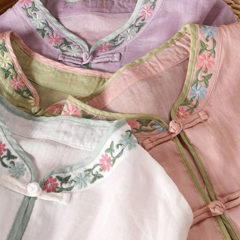 Buddha Stones Casual Embroidered Flowers Leaves Frog Button Three Quarter Sleeve Cotton Women's Shirt - image 12