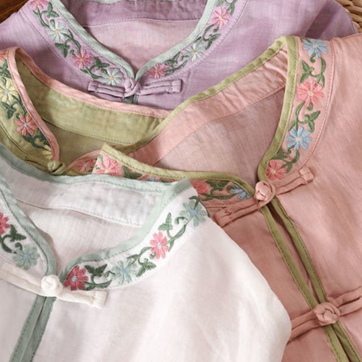 Buddha Stones Casual Embroidered Flowers Leaves Frog Button Three Quarter Sleeve Cotton Women's Shirt - image 12