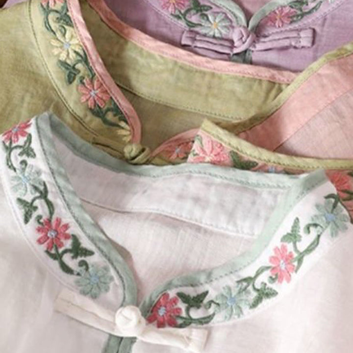 Buddha Stones Casual Embroidered Flowers Leaves Frog Button Three Quarter Sleeve Cotton Women's Shirt - image 13