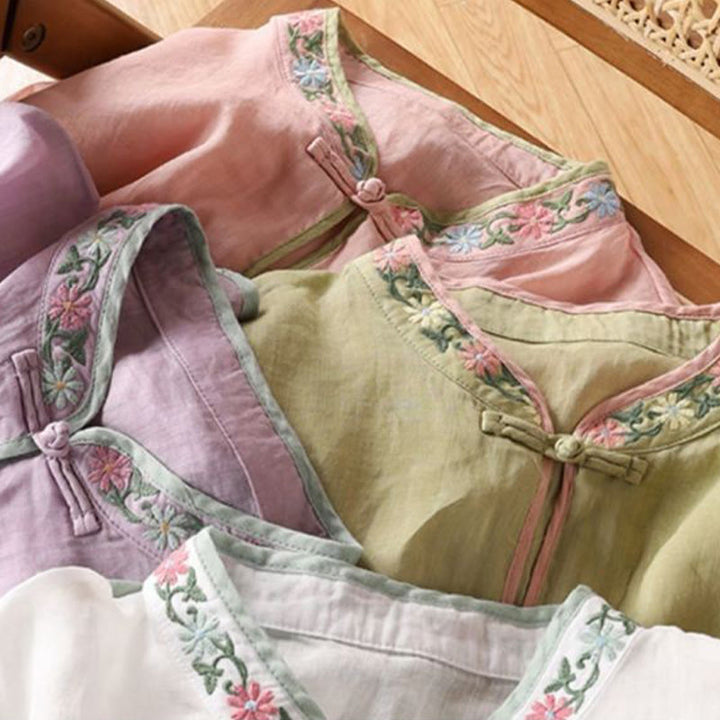 Buddha Stones Casual Embroidered Flowers Leaves Frog Button Three Quarter Sleeve Cotton Women's Shirt - image 14