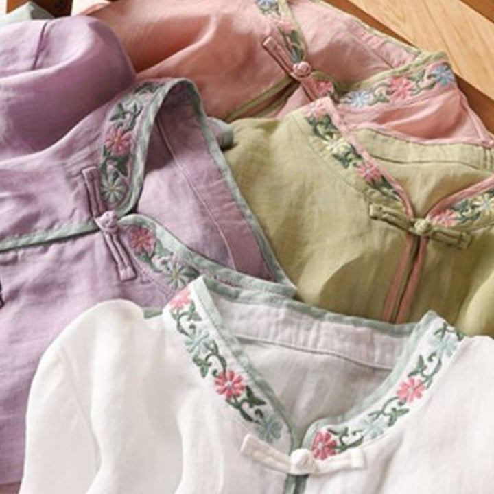 Buddha Stones Casual Embroidered Flowers Leaves Frog Button Three Quarter Sleeve Cotton Women's Shirt - image 11