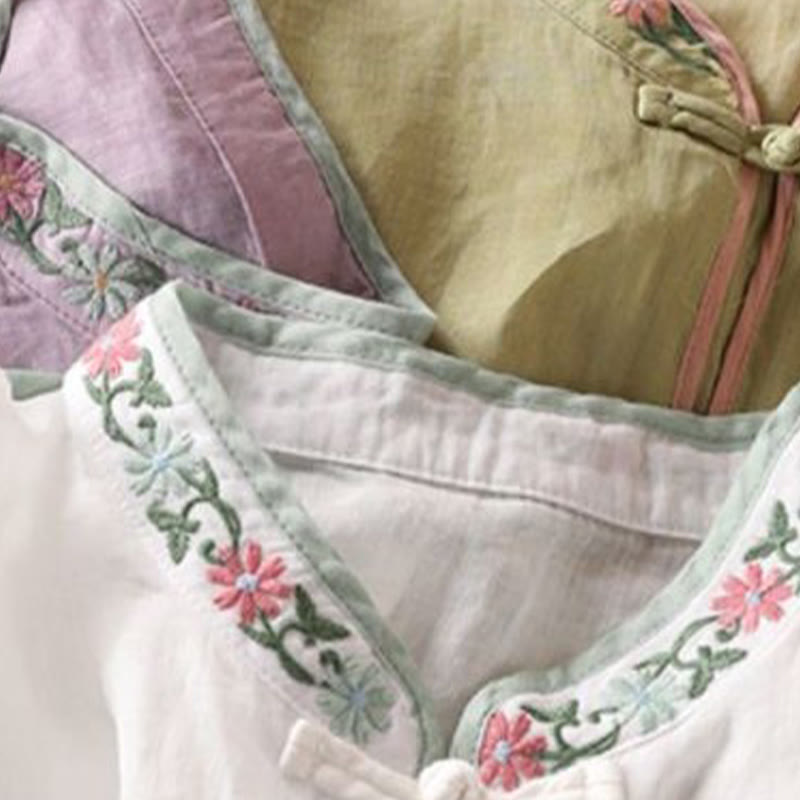 Buddha Stones Casual Embroidered Flowers Leaves Frog Button Three Quarter Sleeve Cotton Women's Shirt - image 2