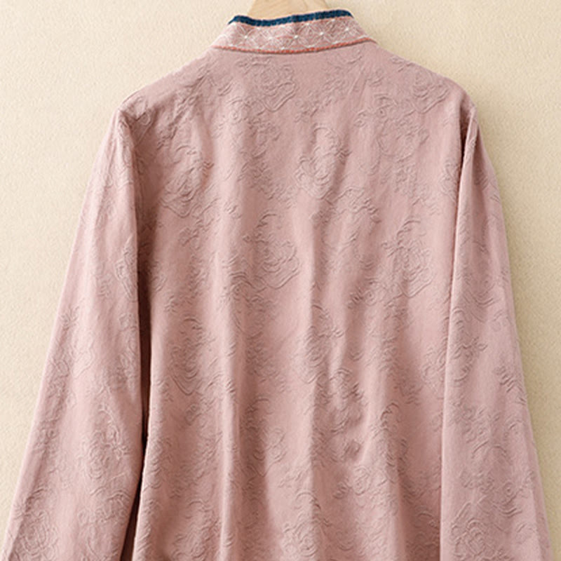 Buddha Stones Embroidered Flowers Grass Frog-Button Long Sleeve Cotton Women's Shirt - image 8