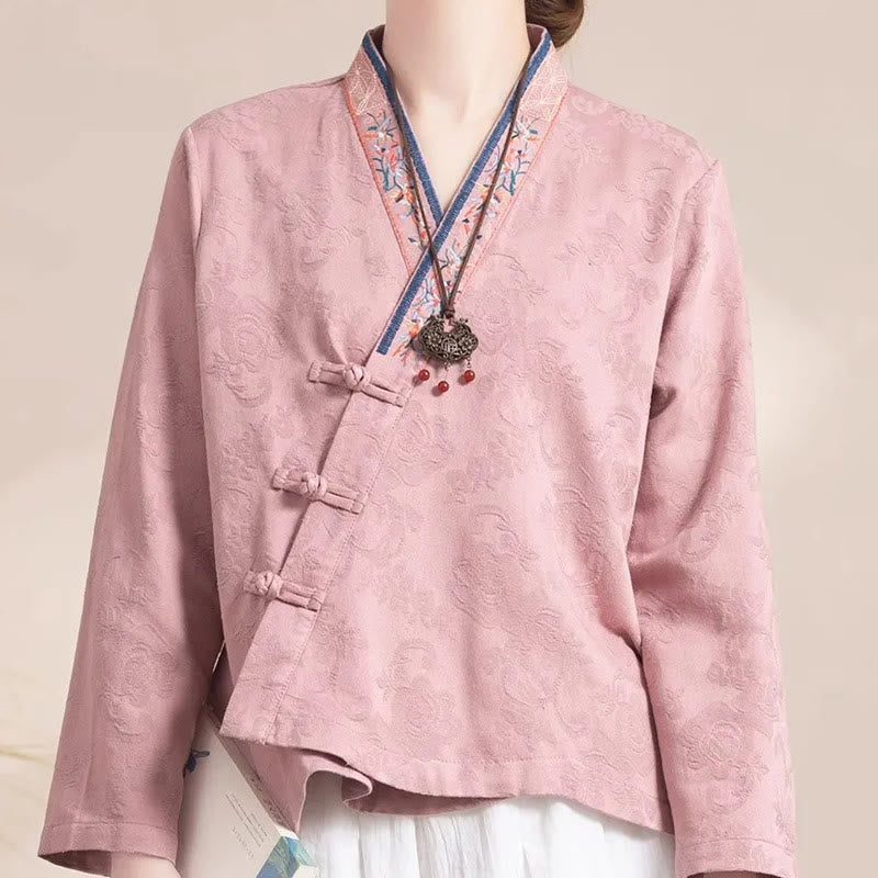 Buddha Stones Embroidered Flowers Grass Frog-Button Long Sleeve Cotton Women's Shirt - image 3
