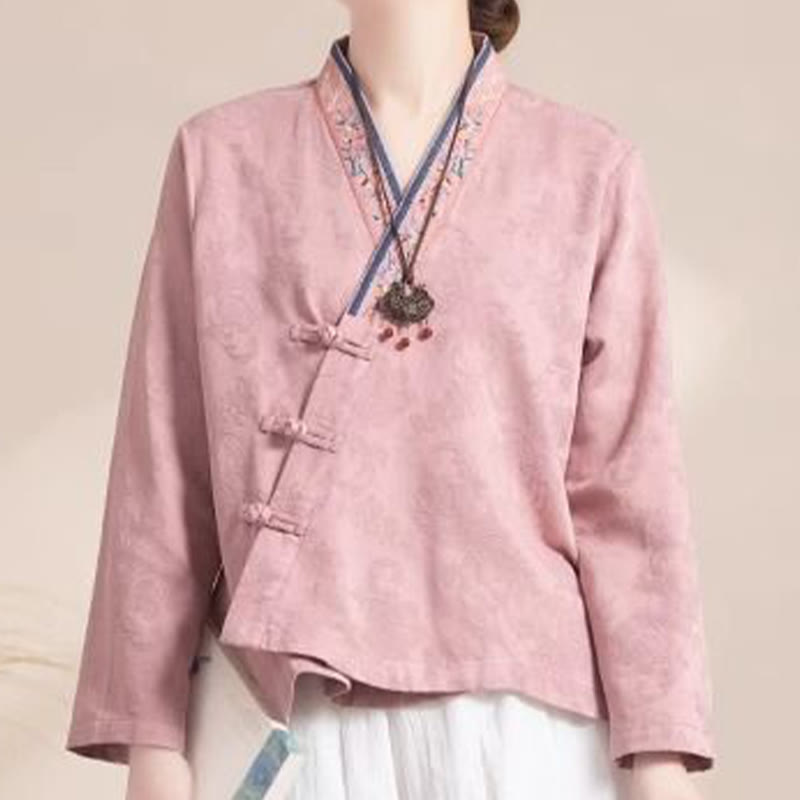 Buddha Stones Embroidered Flowers Grass Frog-Button Long Sleeve Cotton Women's Shirt - image 5