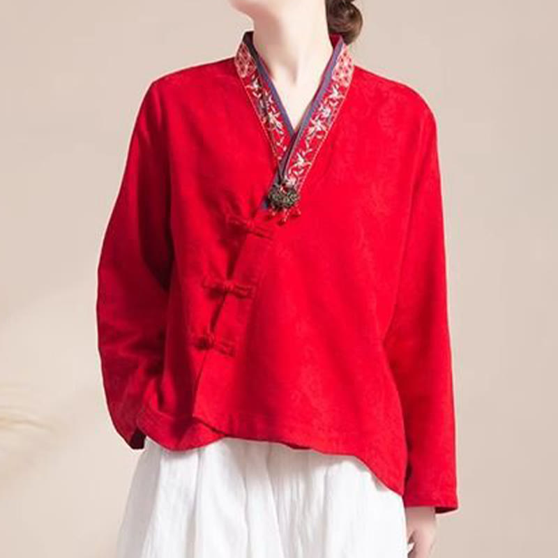 Buddha Stones Embroidered Flowers Grass Frog-Button Long Sleeve Cotton Women's Shirt - Red - US8-10，UK/AU12-14，EU40-42 (3XL) - image 17