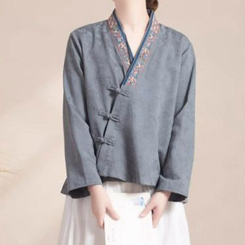 Buddha Stones Embroidered Flowers Grass Frog-Button Long Sleeve Cotton Women's Shirt - image 21
