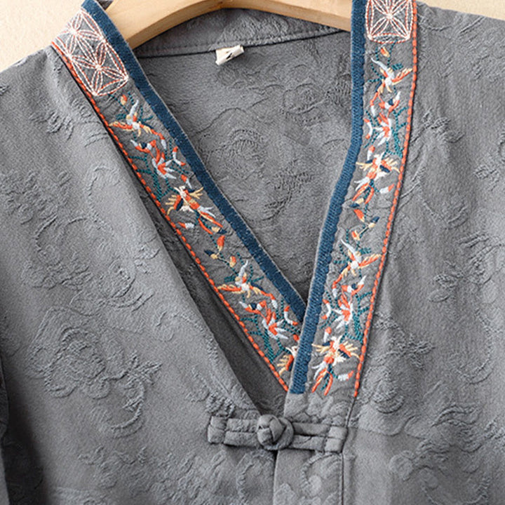 Buddha Stones Embroidered Flowers Grass Frog-Button Long Sleeve Cotton Women's Shirt - image 27
