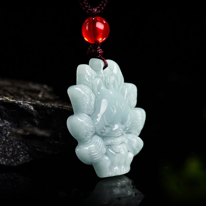 Buddha Stones Natural Green Jade Nine Tailed Fox Abundance Necklace Pendant - image 3