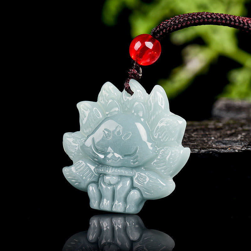 Buddha Stones Natural Green Jade Nine Tailed Fox Abundance Necklace Pendant - image 2