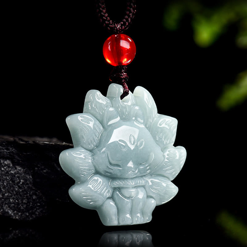 Buddha Stones Natural Green Jade Nine Tailed Fox Abundance Necklace Pendant - image 1