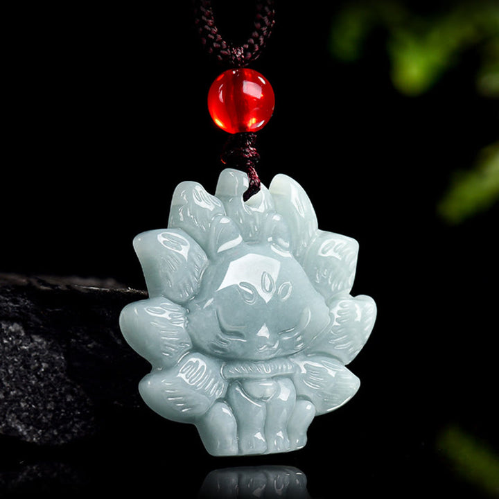 Buddha Stones Natural Green Jade Nine Tailed Fox Abundance Necklace Pendant - image 1