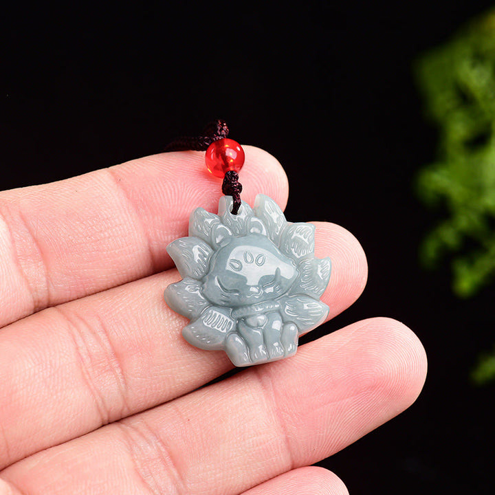Buddha Stones Natural Green Jade Nine Tailed Fox Abundance Necklace Pendant - image 9
