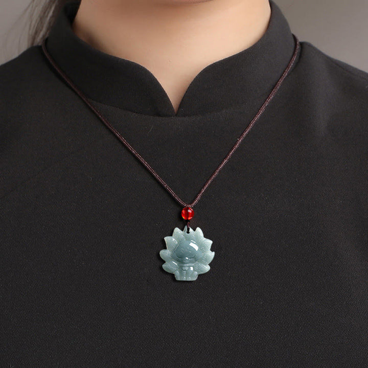 Buddha Stones Natural Green Jade Nine Tailed Fox Abundance Necklace Pendant - image 10