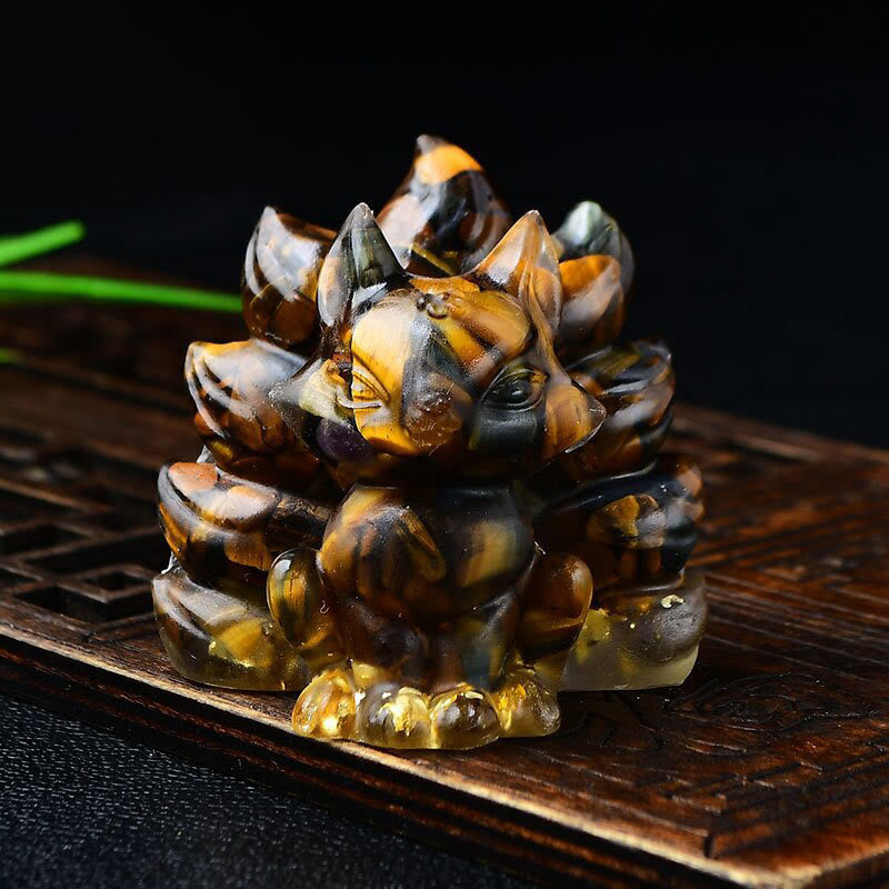 Buddha Stones Natural Various Crystal Strawberry Quartz Amethyst Nine Tailed Fox Protection Home Decoration - Tiger Eye 5.5*4.5*5.5cm - image 20