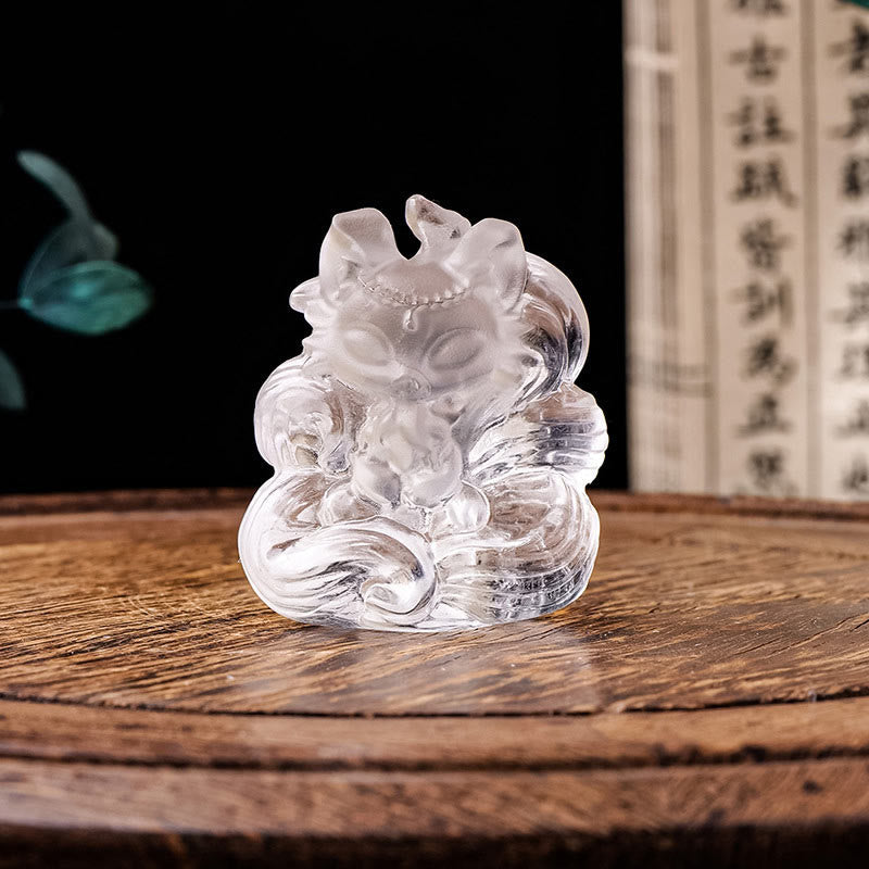 Buddha Stones Natural White Crystal Mini Small Nine Tailed Fox Carved Healing Home Decoration - image 1