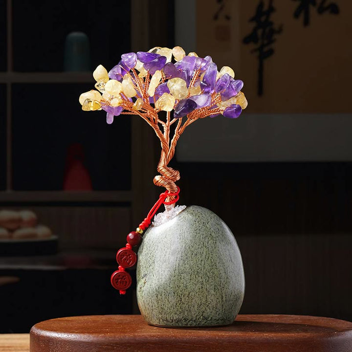 Buddha Stones Citrine Amethyst Green Aventurine Crystal Tree Ceramic Base Prosperity Home Decoration - Citrine+Amethyst 4.5*12cm - image 5