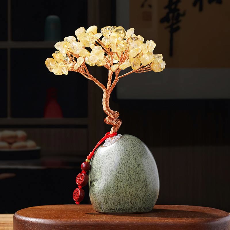 Buddha Stones Citrine Amethyst Green Aventurine Crystal Tree Ceramic Base Prosperity Home Decoration - Citrine 4.5*12cm - image 0
