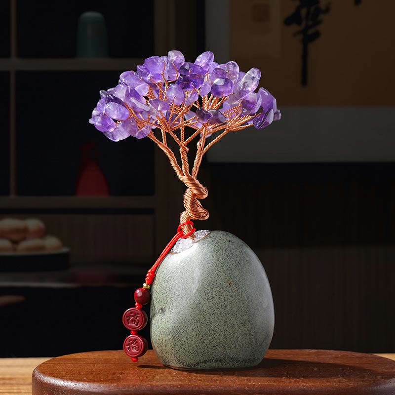 Buddha Stones Citrine Amethyst Green Aventurine Crystal Tree Ceramic Base Prosperity Home Decoration - Amethyst 4.5*12cm - image 3