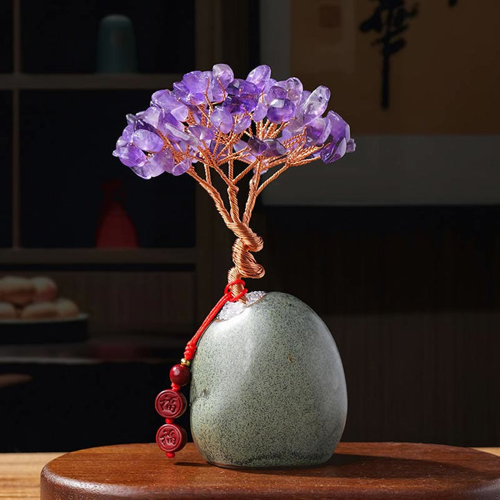 Buddha Stones Citrine Amethyst Green Aventurine Crystal Tree Ceramic Base Prosperity Home Decoration - Amethyst 4.5*12cm - image 3