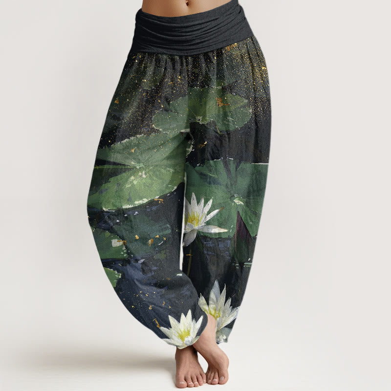 Buddha Stones Casual Lotus Leaves On The Lake Pattern Women's Elastic Waist Harem Pants - Green - US22，UK/AU26，EU54 (6XL) - image 0