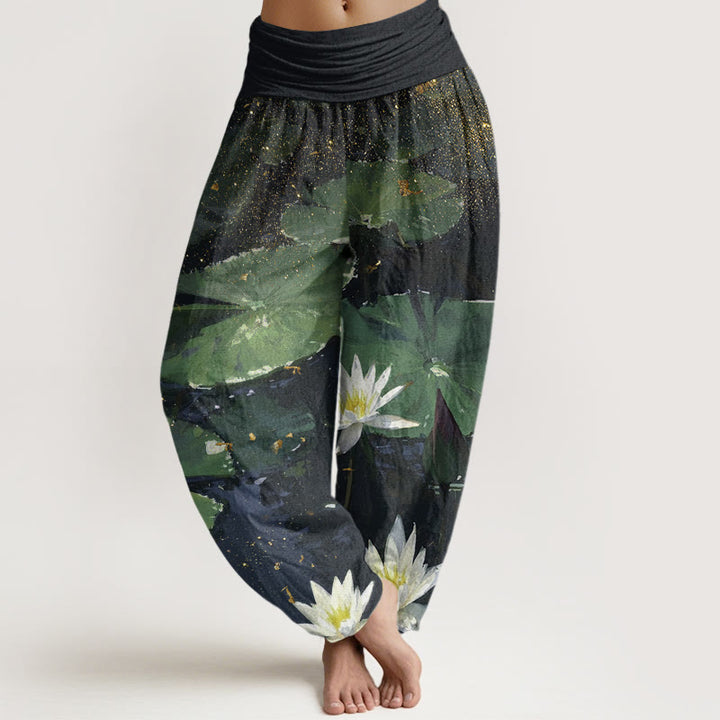 Buddha Stones Casual Lotus Leaves On The Lake Pattern Women's Elastic Waist Harem Pants - Green - US22，UK/AU26，EU54 (6XL) - image 0