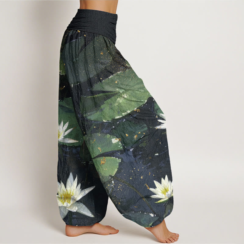 Buddha Stones Casual Lotus Leaves On The Lake Pattern Women's Elastic Waist Harem Pants - image 1