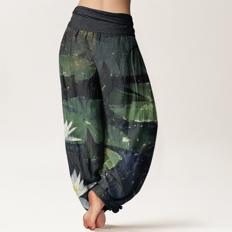 Buddha Stones Casual Lotus Leaves On The Lake Pattern Women's Elastic Waist Harem Pants - image 2
