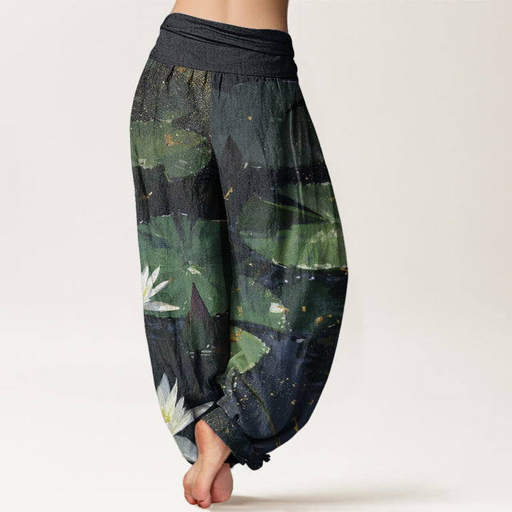 Buddha Stones Casual Lotus Leaves On The Lake Pattern Women's Elastic Waist Harem Pants - image 2