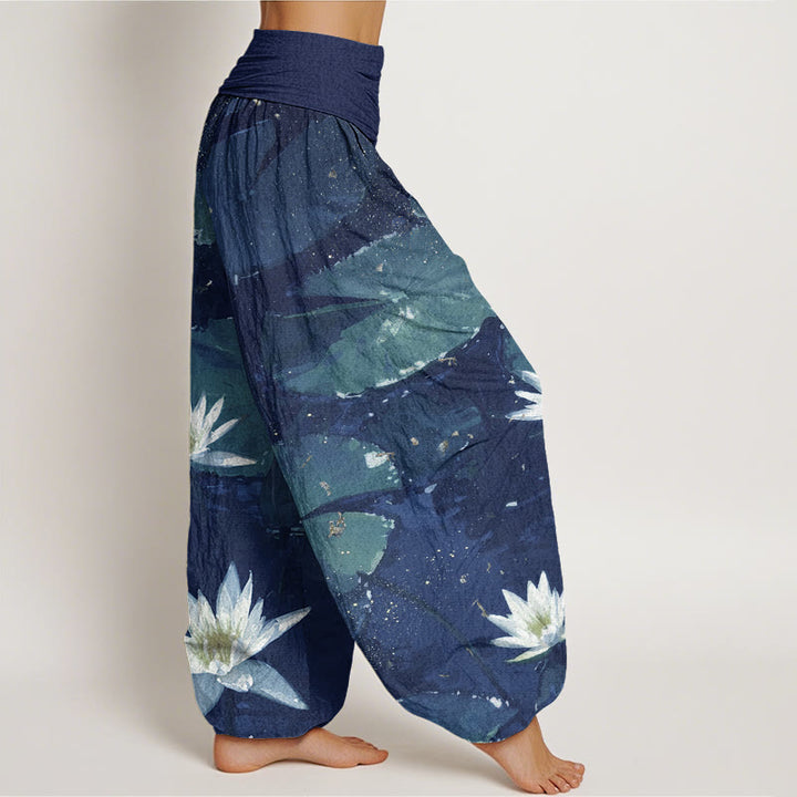 Buddha Stones Casual Lotus Leaves On The Lake Pattern Women's Elastic Waist Harem Pants - image 5