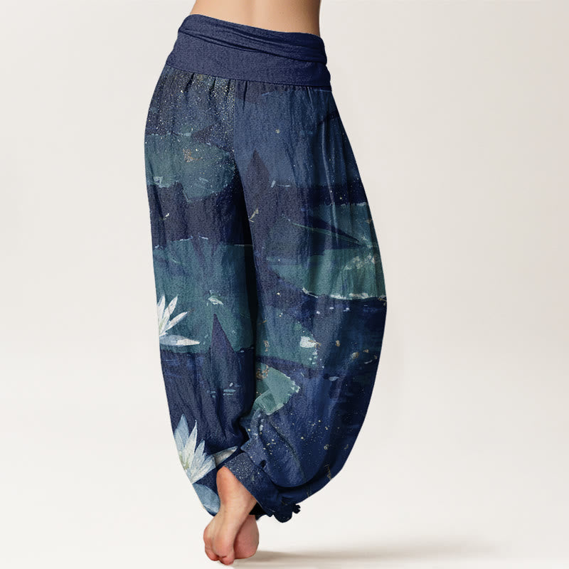 Buddha Stones Casual Lotus Leaves On The Lake Pattern Women's Elastic Waist Harem Pants - image 6