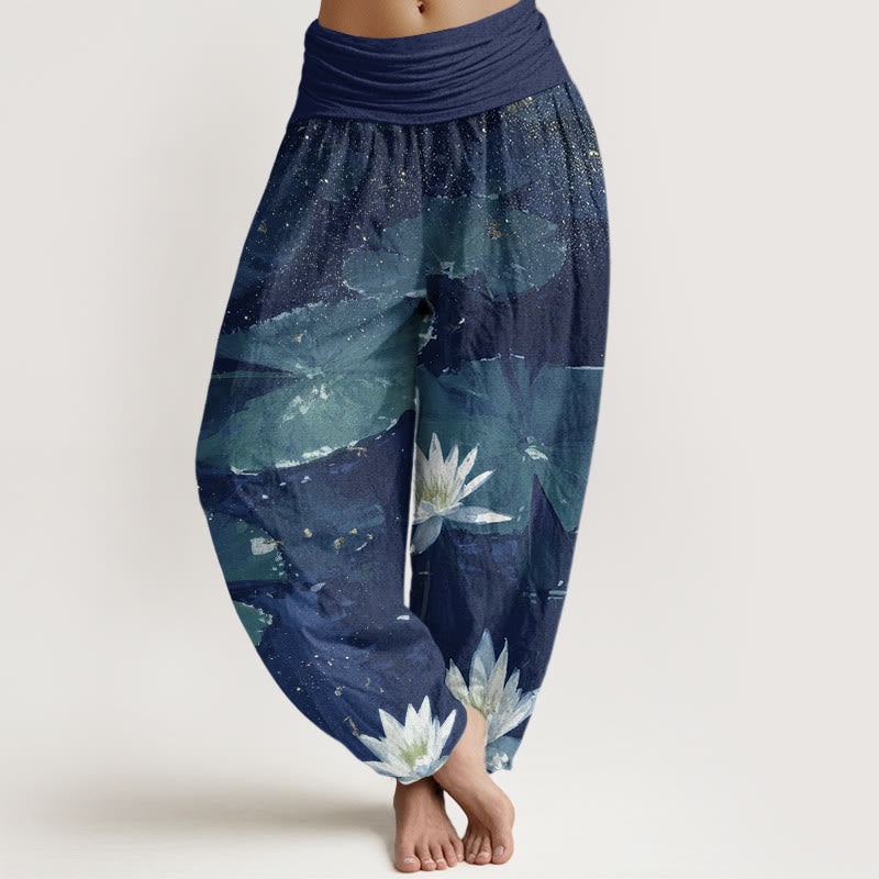 Buddha Stones Casual Lotus Leaves On The Lake Pattern Women's Elastic Waist Harem Pants - DarkBlue - US22，UK/AU26，EU54 (6XL) - image 4