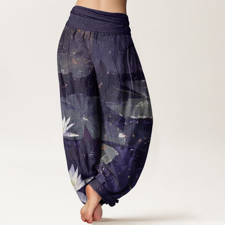 Buddha Stones Casual Lotus Leaves On The Lake Pattern Women's Elastic Waist Harem Pants - image 9