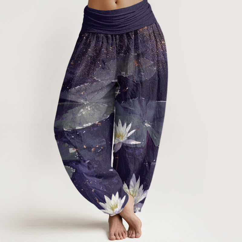 Buddha Stones Casual Lotus Leaves On The Lake Pattern Women's Elastic Waist Harem Pants - Indigo - US22，UK/AU26，EU54 (6XL) - image 7