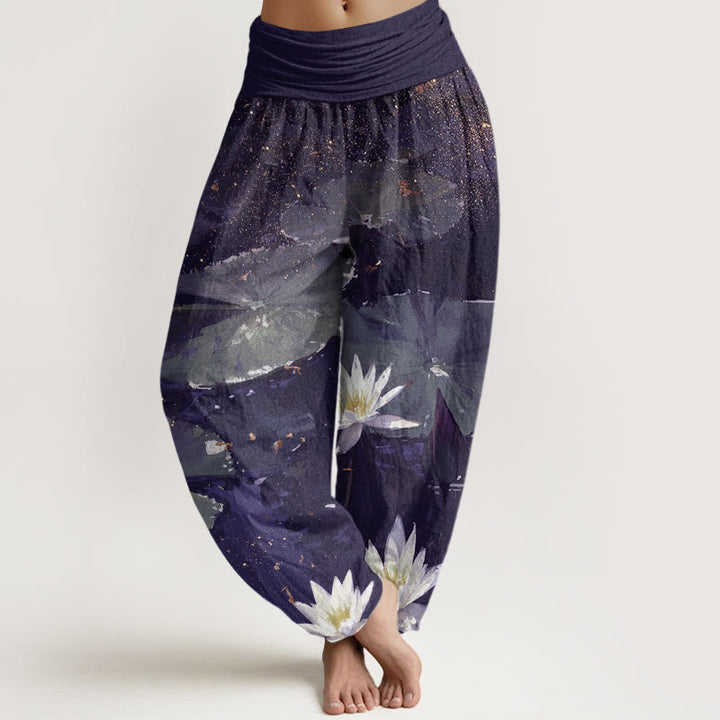 Buddha Stones Casual Lotus Leaves On The Lake Pattern Women's Elastic Waist Harem Pants - Indigo - US22，UK/AU26，EU54 (6XL) - image 7