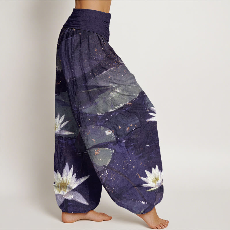 Buddha Stones Casual Lotus Leaves On The Lake Pattern Women's Elastic Waist Harem Pants - image 8