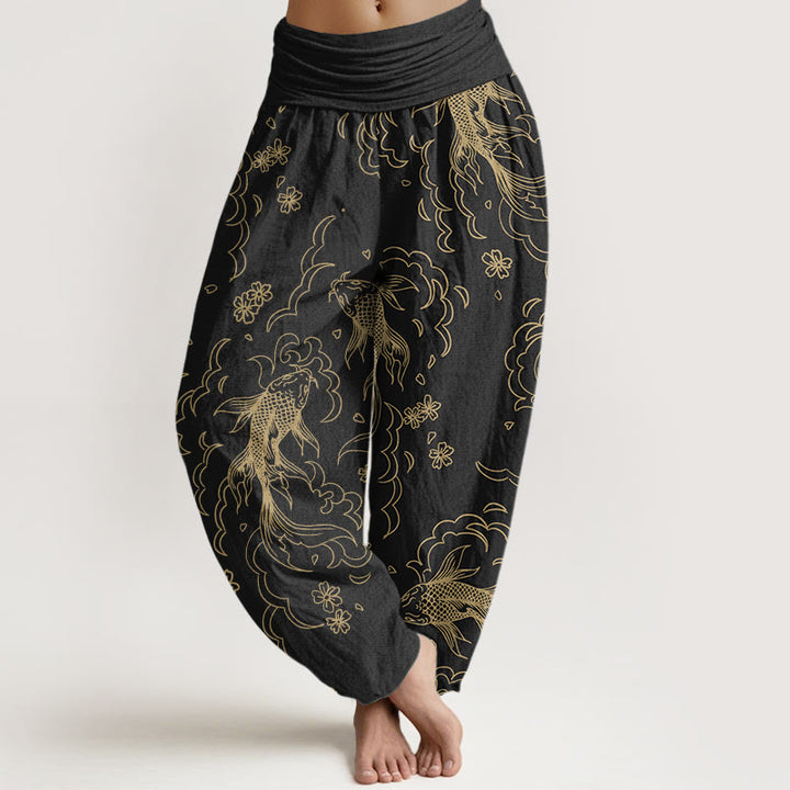 Buddha Stones Casual Koi Fish Waves And Petal Line Pattern Women's Elastic Waist Harem Pants - Black - US22，UK/AU26，EU54 (6XL) - image 0