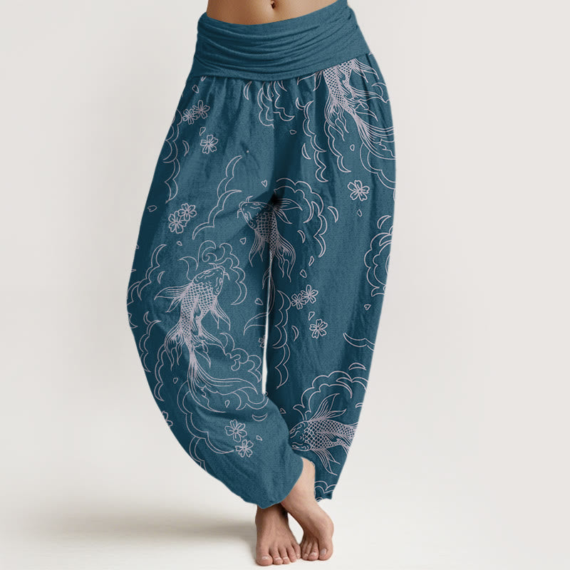 Buddha Stones Casual Koi Fish Waves And Petal Line Pattern Women's Elastic Waist Harem Pants - SteelBlue - US22，UK/AU26，EU54 (6XL) - image 7