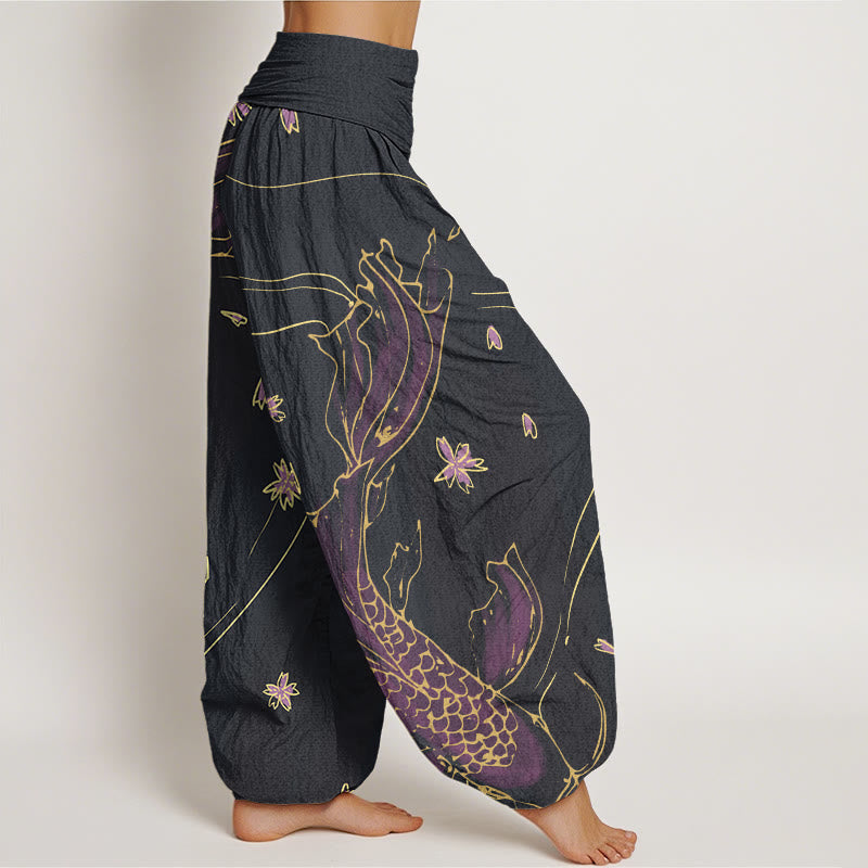 Buddha Stones Casual Koi Fish Cherry Blossom Petal Pattern Women's Elastic Waist Harem Pants - image 1
