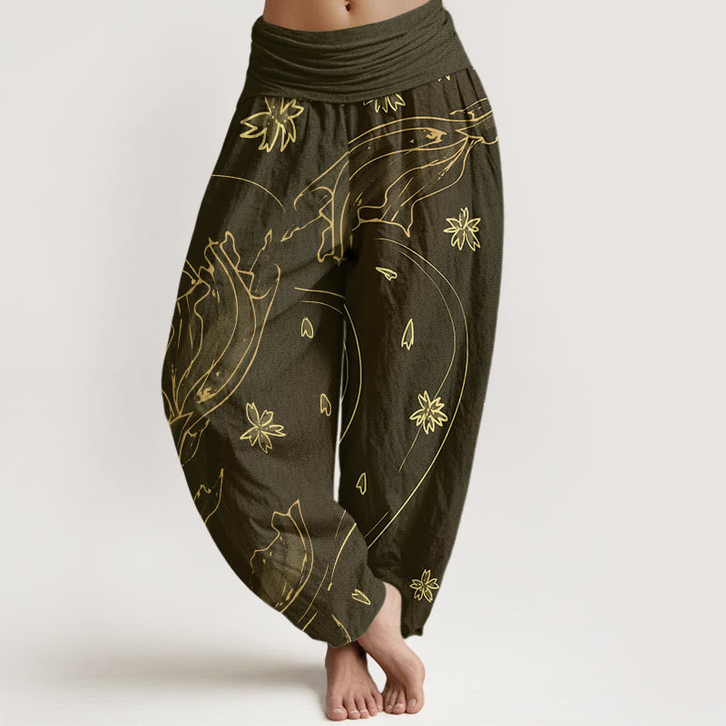 Buddha Stones Casual Koi Fish Cherry Blossom Petal Pattern Women's Elastic Waist Harem Pants - Olive - US22，UK/AU26，EU54 (6XL) - image 4