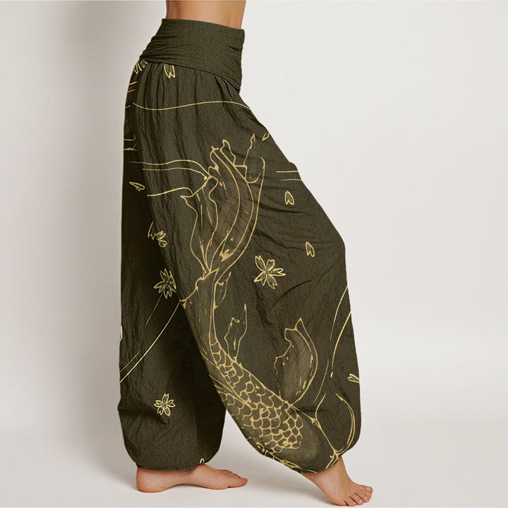 Buddha Stones Casual Koi Fish Cherry Blossom Petal Pattern Women's Elastic Waist Harem Pants - image 5