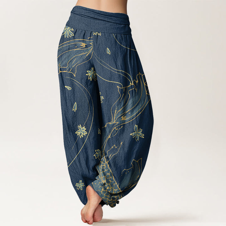 Buddha Stones Casual Koi Fish Cherry Blossom Petal Pattern Women's Elastic Waist Harem Pants - image 9