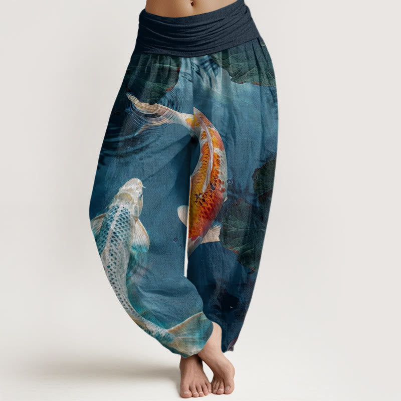 Buddha Stones Casual Koi Fish Lotus Water Ripples Pattern Women's Elastic Waist Harem Pants - SteelBlue - US22，UK/AU26，EU54 (6XL) - image 0