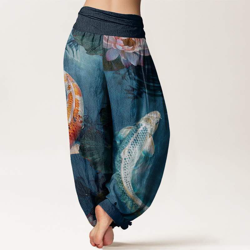 Buddha Stones Casual Koi Fish Lotus Water Ripples Pattern Women's Elastic Waist Harem Pants - image 2