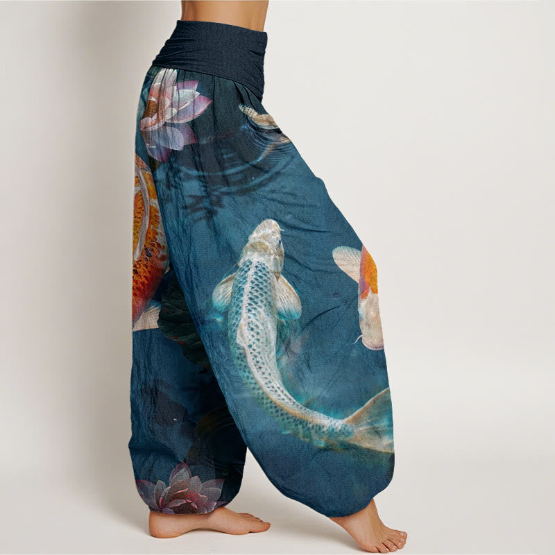 Buddha Stones Casual Koi Fish Lotus Water Ripples Pattern Women's Elastic Waist Harem Pants - image 1