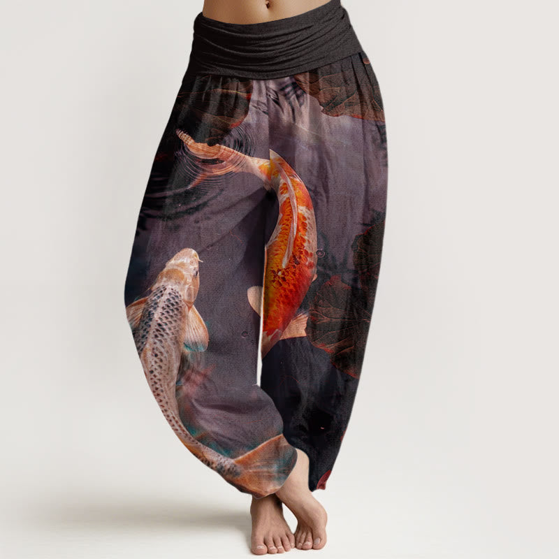 Buddha Stones Casual Koi Fish Lotus Water Ripples Pattern Women's Elastic Waist Harem Pants - Indigo - US22，UK/AU26，EU54 (6XL) - image 4